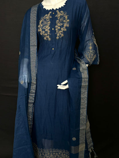 Sapphire Elegance – Pure Mul Chanderi Handcrafted Ensemble