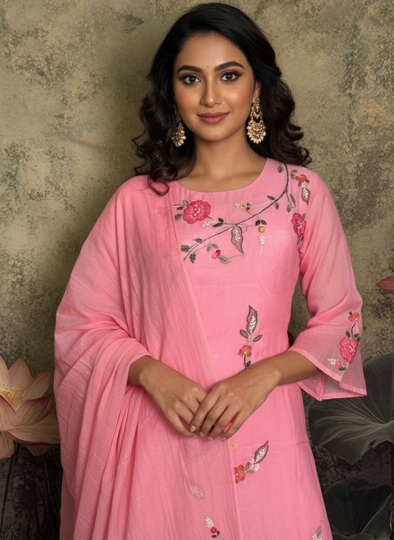 Blush Petal – Pure Mul Chanderi Hand-Painted 3-Piece Suit
