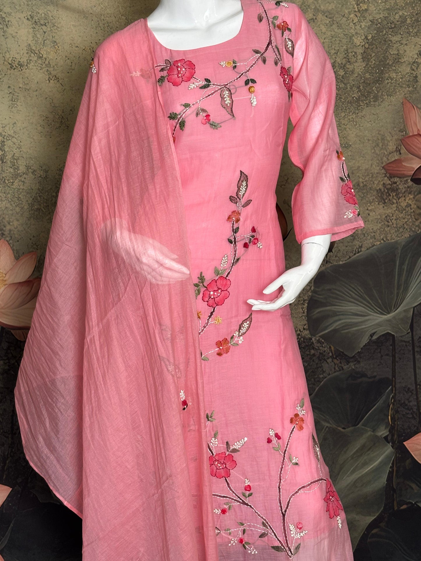 Blush Petal – Pure Mul Chanderi Hand-Painted 3-Piece Suit