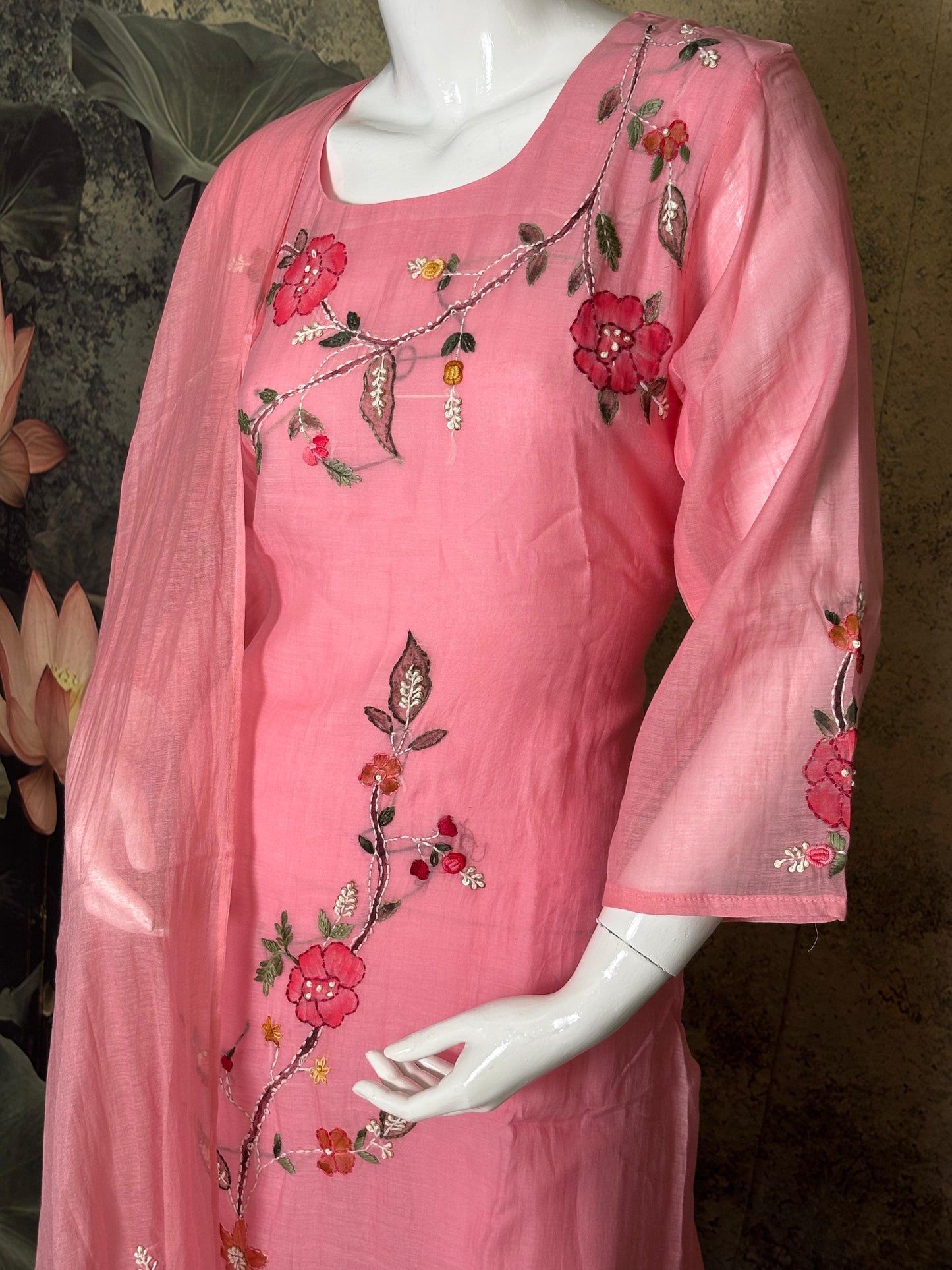 Blush Petal – Pure Mul Chanderi Hand-Painted 3-Piece Suit