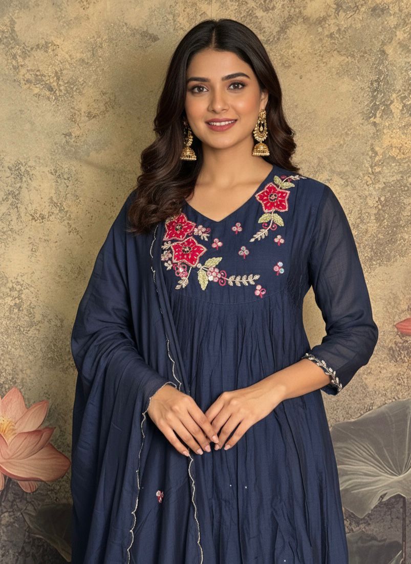 Midnight Bloom – Pure Mul Chanderi Handcrafted 3-Piece Suit