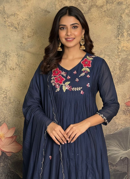 Midnight Bloom – Pure Mul Chanderi Handcrafted 3-Piece Suit