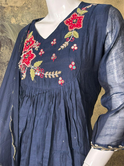 Midnight Bloom – Pure Mul Chanderi Handcrafted 3-Piece Suit