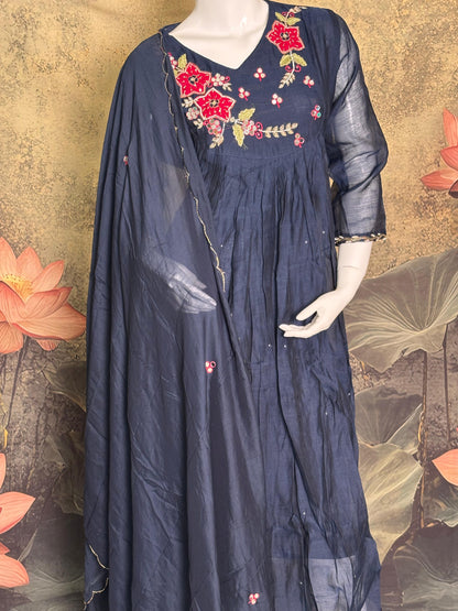 Midnight Bloom – Pure Mul Chanderi Handcrafted 3-Piece Suit