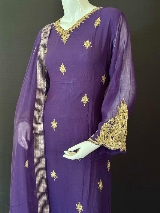 Royal Amethyst Pure Mul Chanderi 3-Piece Hand-Embroidered Suit Set