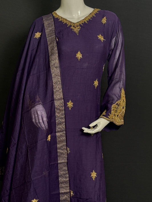 Royal Amethyst Pure Mul Chanderi 3-Piece Hand-Embroidered Suit Set