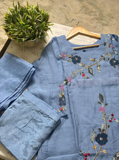 Sky Blue Hand-Painted Pure Mul Chanderi Suit Set