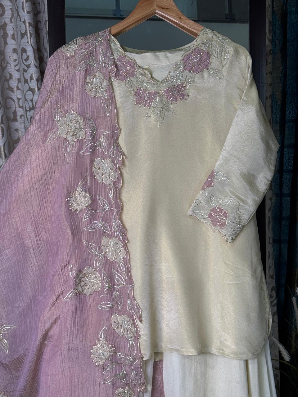 Pure Tissue Chinnon 3-Piece Suit with Applique Work