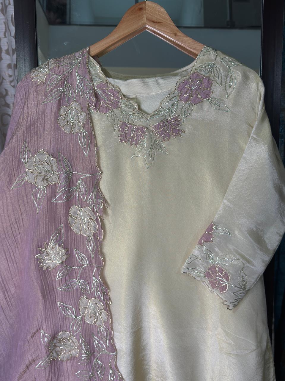 Pure Tissue Chinnon 3-Piece Suit with Applique Work