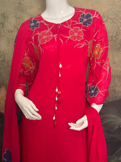Pure Chinnon Georgette Handwork & Hand-Painted 3-Piece Suit