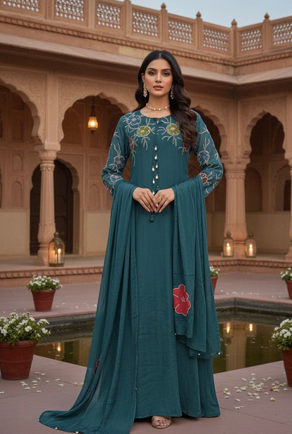 Pure Chinnon Georgette Handwork & Hand-Painted 3-Piece Suit
