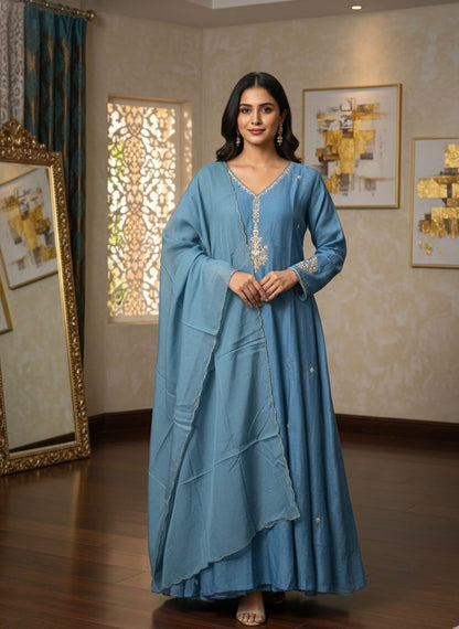 Pure Mul Chanderi Handwork 3-Piece Suit