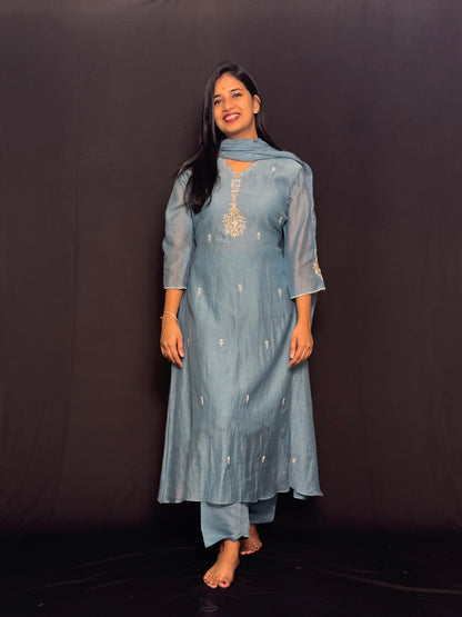 Pure Mul Chanderi Handwork 3-Piece Suit