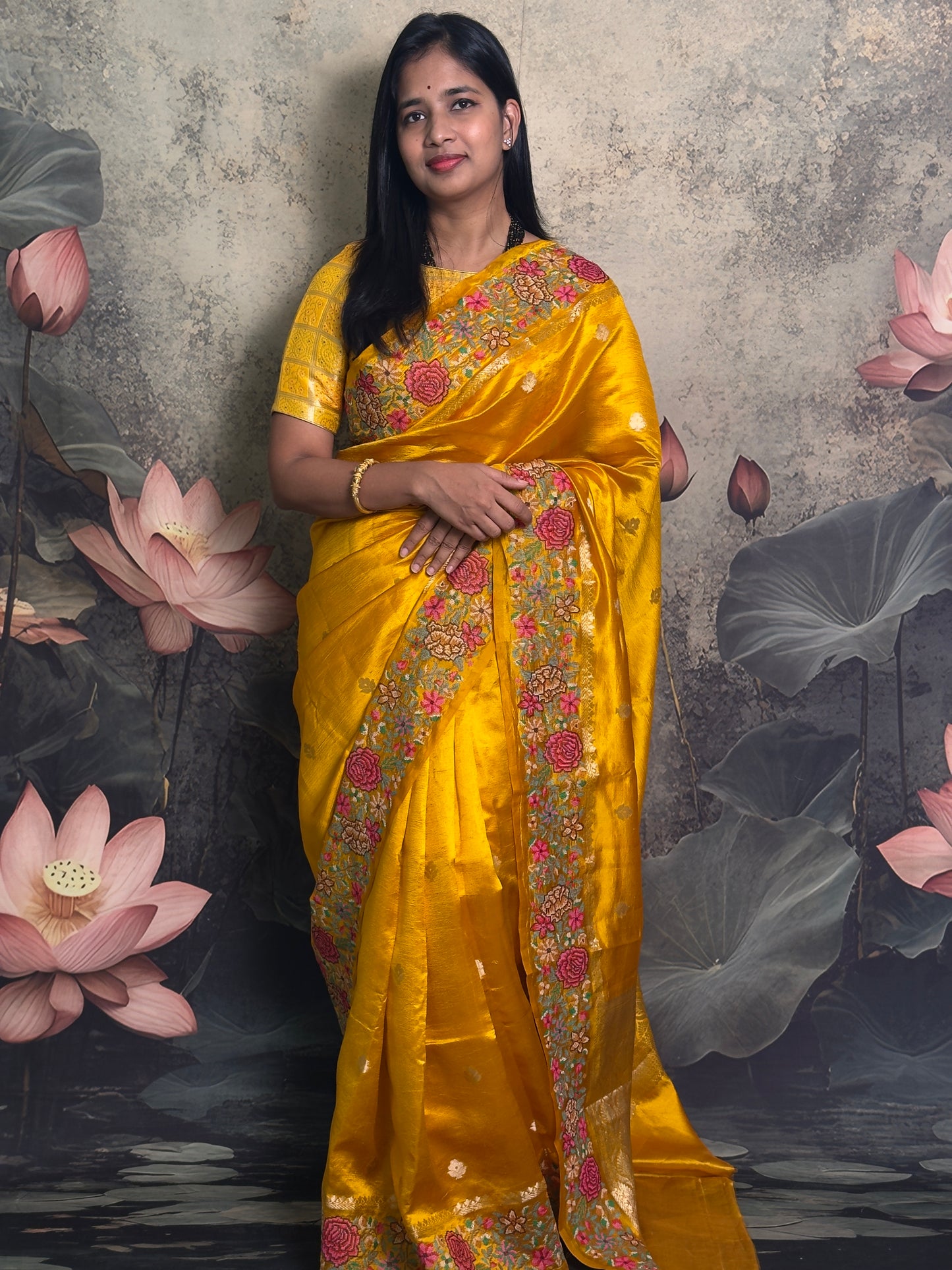 Pure Ponna Pattu Yellow Silk Saree with petit point work