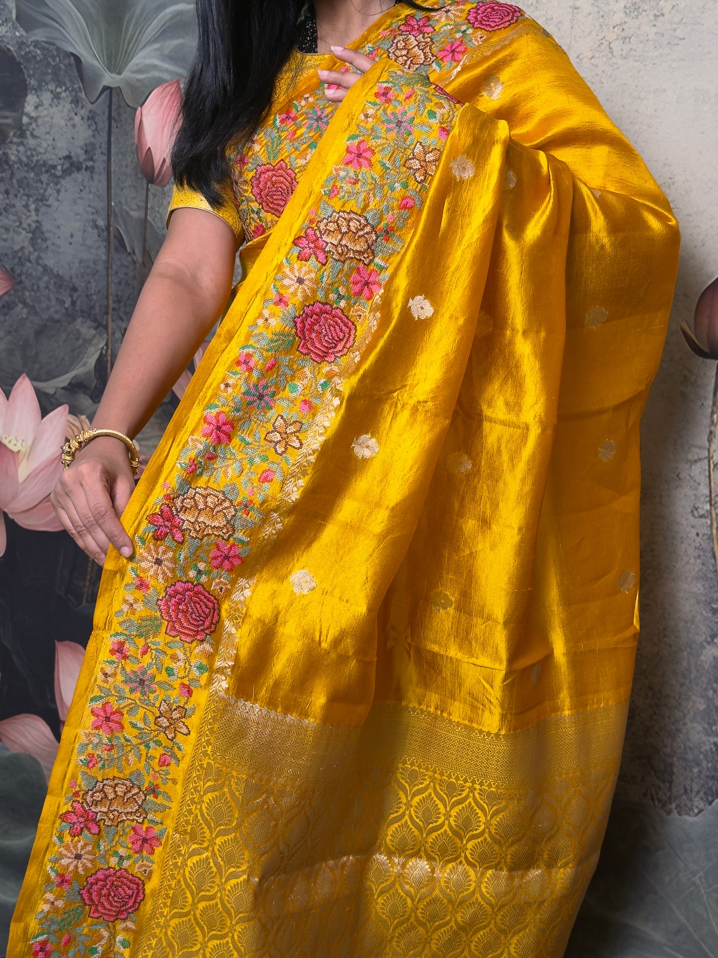 Pure Ponna Pattu Yellow Silk Saree with petit point work