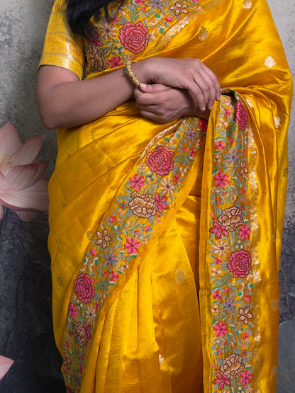 Pure Ponna Pattu Yellow Silk Saree with petit point work