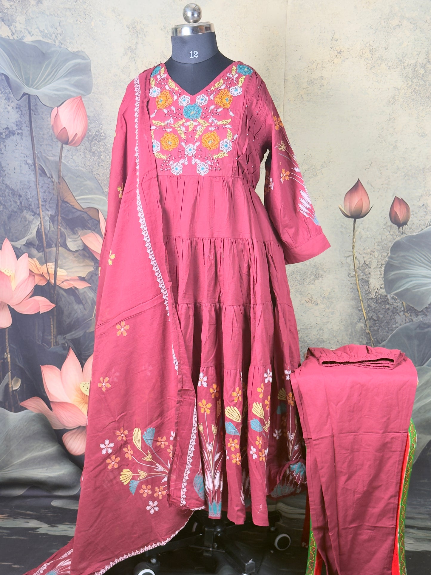 Maroon Cotton Anarkali Suit with Floral Embroidery – 3 Piece