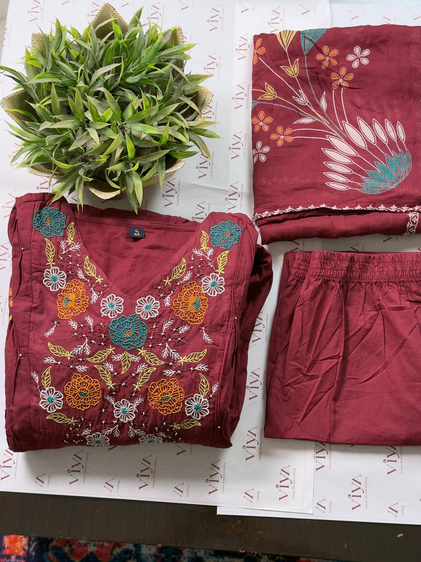 Maroon Cotton Anarkali Suit with Floral Embroidery – 3 Piece