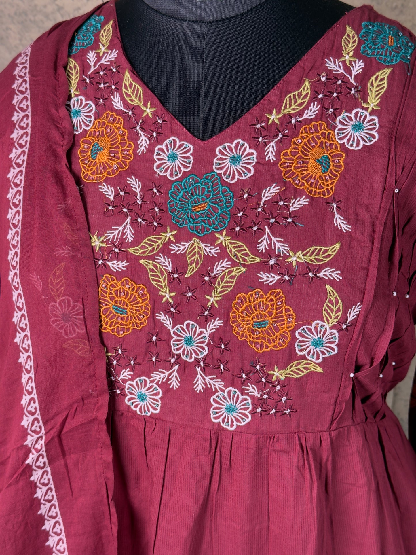 Maroon Cotton Anarkali Suit with Floral Embroidery – 3 Piece