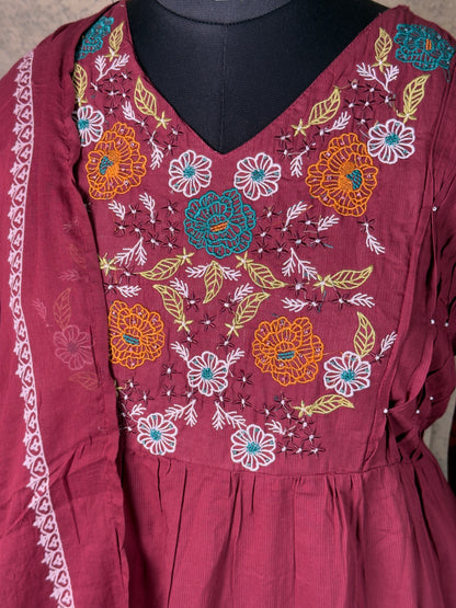 Maroon Cotton Anarkali Suit with Floral Embroidery – 3 Piece