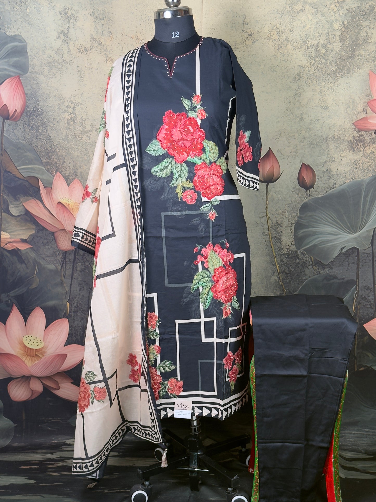 Black Pure Cotton Cross-Stitch Kurta Set – 3 Piece