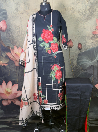 Black Pure Cotton Cross-Stitch Kurta Set – 3 Piece