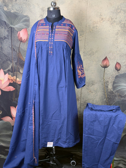 Royal Blue pure mulcotton handwork suit set 3 piece