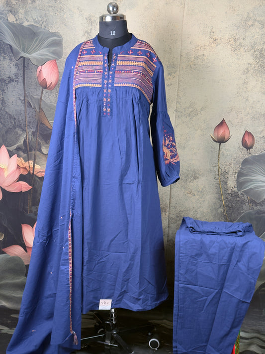 Royal Blue pure mulcotton handwork suit set 3 piece