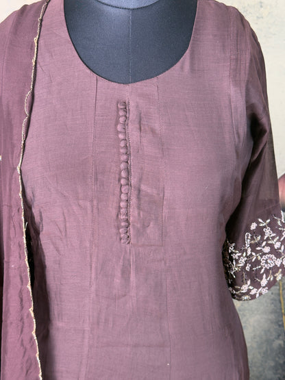 Brown Mul Chanderi Handwork Anarkali Suit Set – 3 Piece