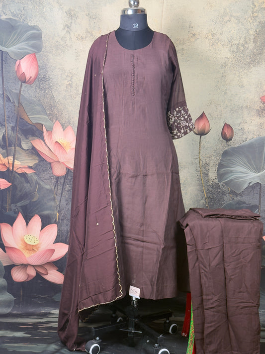 Brown Mul Chanderi Handwork Anarkali Suit Set – 3 Piece
