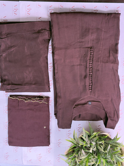 Brown Mul Chanderi Handwork Anarkali Suit Set – 3 Piece