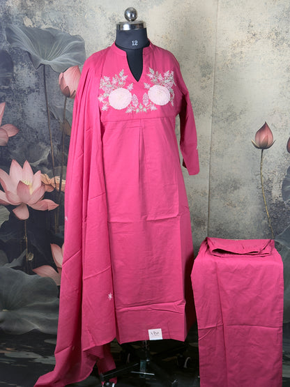 Pink Cotton Embroidered Suit Set with Dupatta – 3 Piece