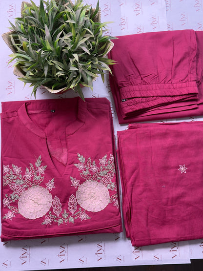 Pink Cotton Embroidered Suit Set with Dupatta – 3 Piece