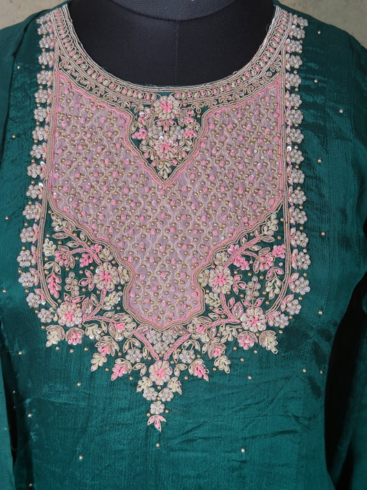 Teal Green Pure Chinon Georgette Handwork Anarkali Suit  3 - piece