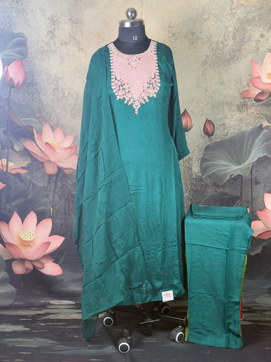 Teal Green Pure Chinon Georgette Handwork Anarkali Suit  3 - piece