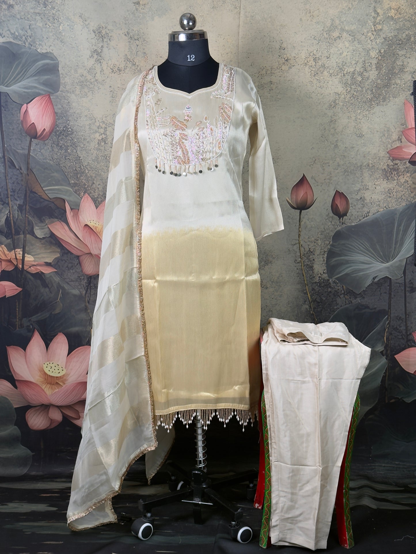 Ivory Kanjivaram Tissue Silk Handwork Suit Set – 3 Piece