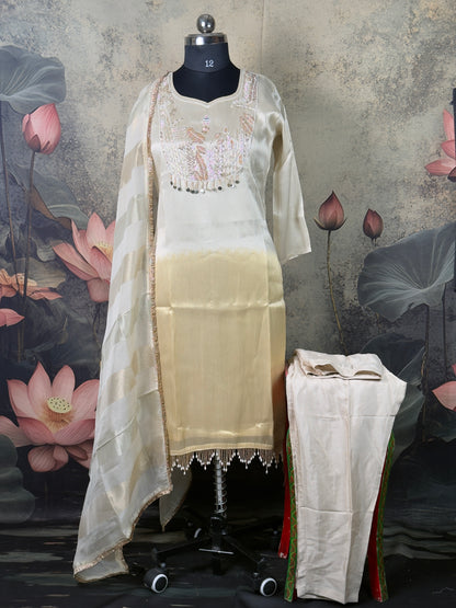 Ivory Kanjivaram Tissue Silk Handwork Suit Set – 3 Piece