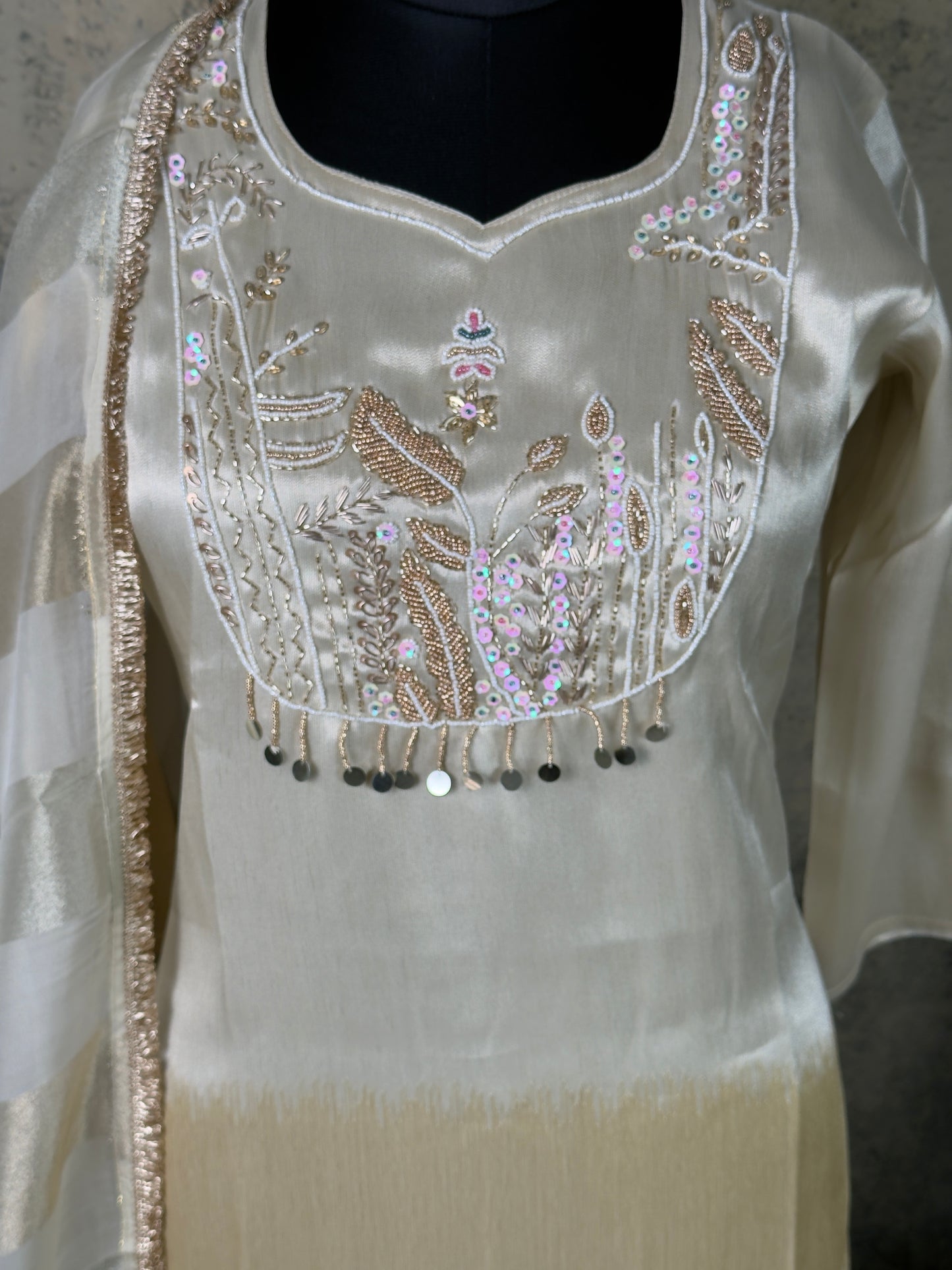 Ivory Kanjivaram Tissue Silk Handwork Suit Set – 3 Piece