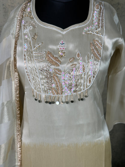 Ivory Kanjivaram Tissue Silk Handwork Suit Set – 3 Piece