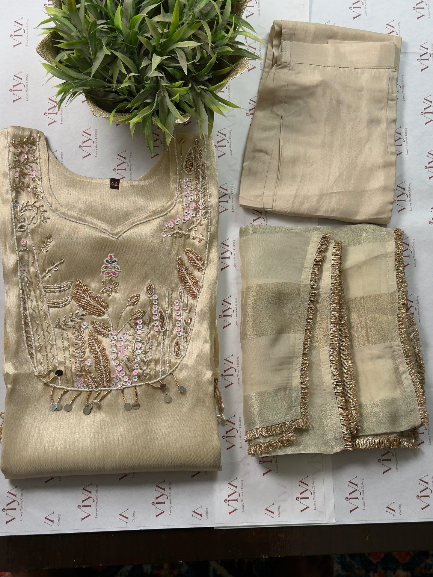 Ivory Kanjivaram Tissue Silk Handwork Suit Set – 3 Piece
