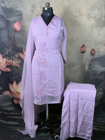 Lavender Chinnon A-Line Handwork Suit Set with Palazzo – 3 Piece