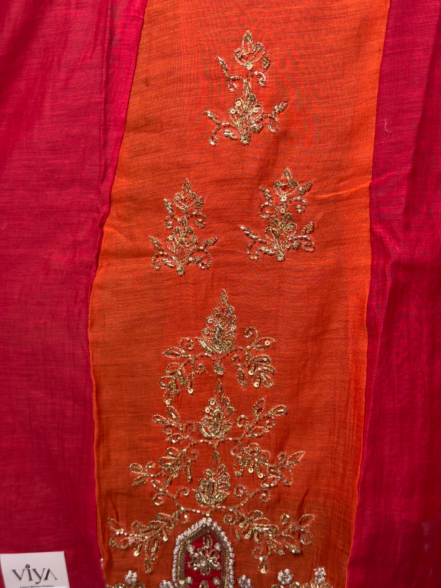 Pink & Orange Mul Chanderi Handwork Suit Set – 3 Piece