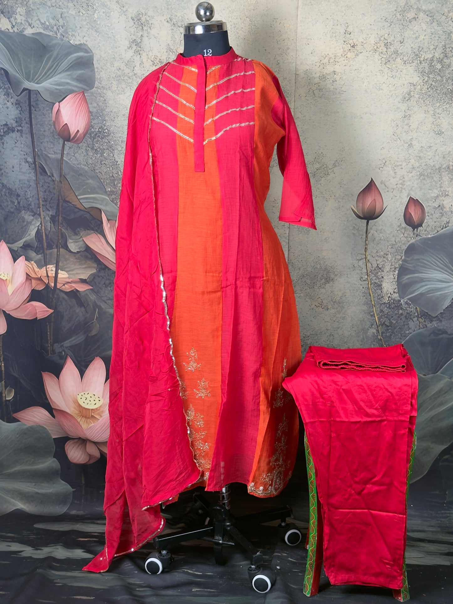 Pink & Orange Mul Chanderi Handwork Suit Set – 3 Piece