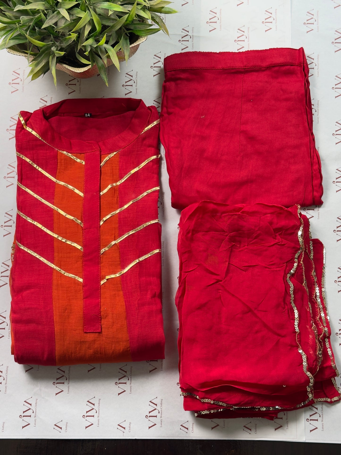 Pink & Orange Mul Chanderi Handwork Suit Set – 3 Piece