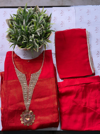 Red Pure Tissue Silk Handwork Suit Set – 3 Piece Straight Fit