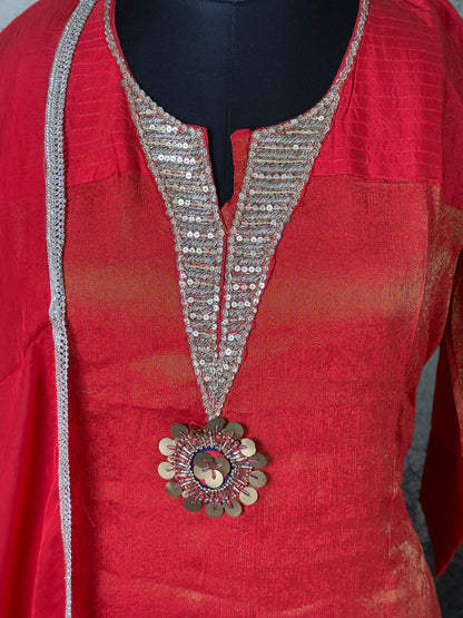 Red Pure Tissue Silk Handwork Suit Set – 3 Piece Straight Fit