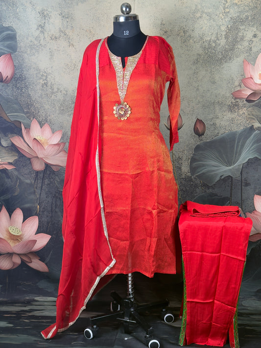 Red Pure Tissue Silk Handwork Suit Set – 3 Piece Straight Fit
