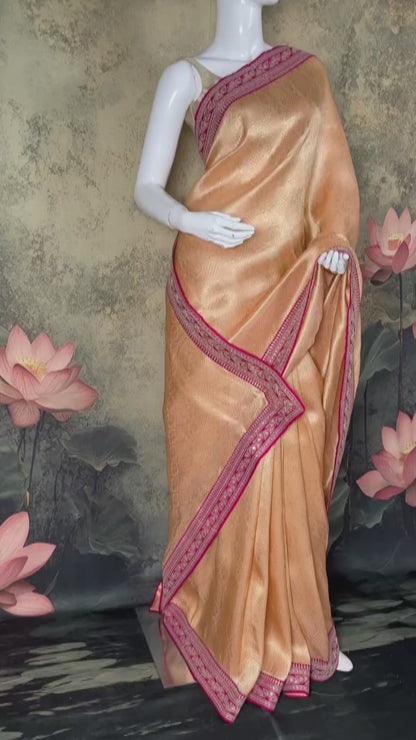 Peach Gold Pure Kanjivaram Tissue Brocade Saree with sabyasachi Lace Border & Couture Blouse