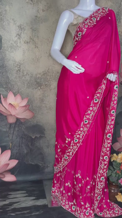 Crimson Pure Georgette Saree with Handwork & Knot Detailing