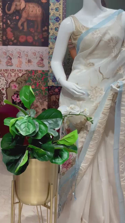 PURE ORGANZA WITH DIGITAL PRINT AND PETIT POINT WORK HALF AND HALF